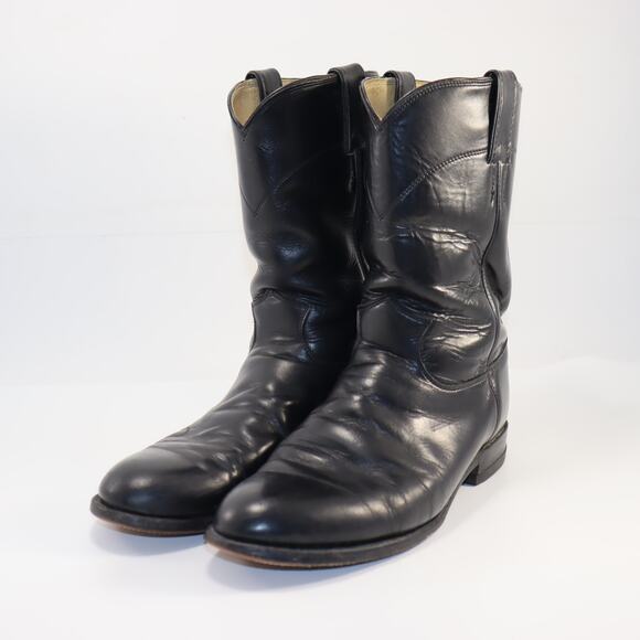 Justin 3133 Black Leather Roper Boots Made in USA Size 9D - Picture 2 of 6